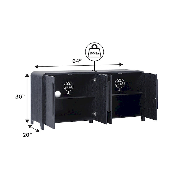 64" Modern Sideboard with Waterfall Edges, Wooden Pulls & Storage Shelves, MDF, 64W x 20D x 30H in