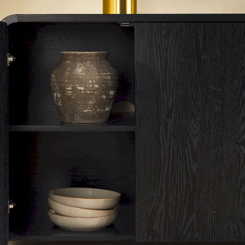 64" Modern Sideboard with Waterfall Edges, Wooden Pulls & Storage Shelves, MDF, 64W x 20D x 30H in