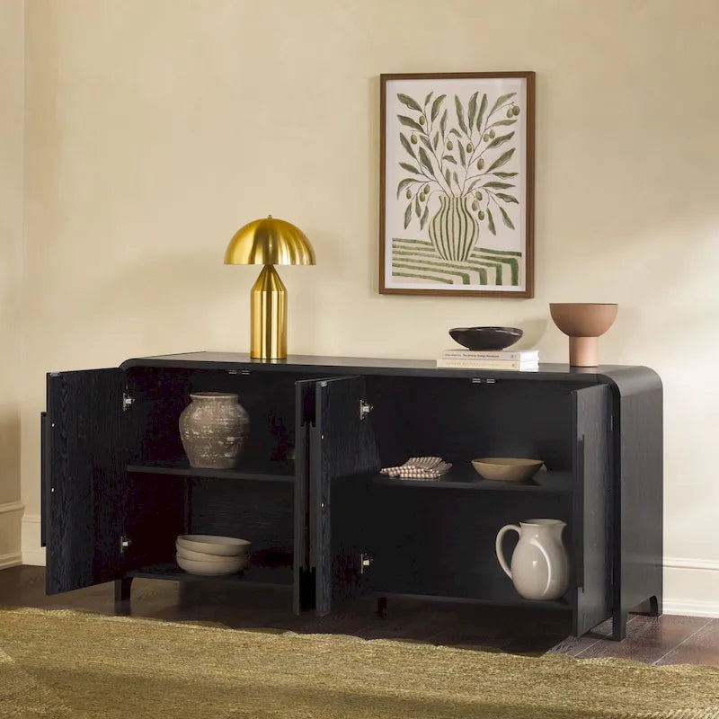 64" Modern Sideboard with Waterfall Edges, Wooden Pulls & Storage Shelves, MDF, 64W x 20D x 30H in