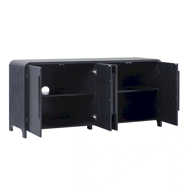 64" Modern Sideboard with Waterfall Edges, Wooden Pulls & Storage Shelves, MDF, 64W x 20D x 30H in