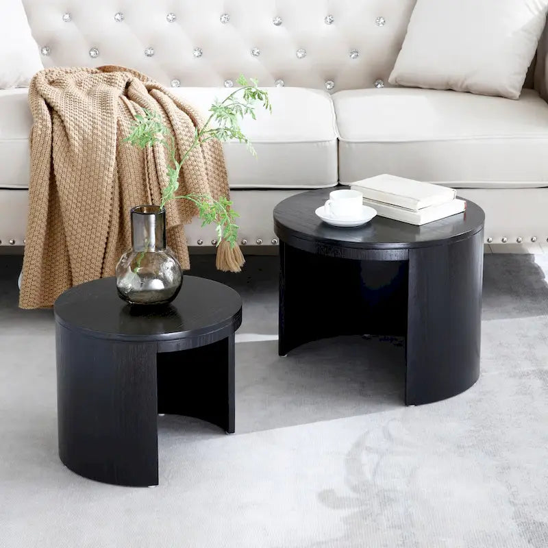 Nesting Coffee Table Set of 2, Round Side Tables, Water-Resistant, No Assembly Required, White & Black
